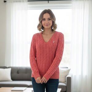 Ralph Lauren Women's V-Neck Cable Knit Sweater in Pink